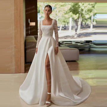 Classic Wedding Dresses Woman's A Line Sexy Appliques Long Sleeve Boat Neck High Split Bride Gowns Formal Vestidos Customized