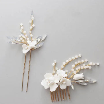 Wedding Accessories Porcelain Flower Head Pieces Opal Hair Comb Pin Clip For Brides Women Gold Color Hairpins Bridal Jewelry