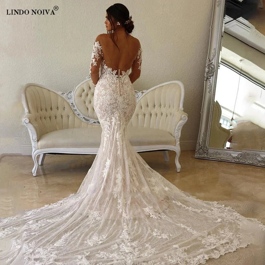 Lindo Noiva мереживна русалка весільна сукня v-подібна аплікація з плечової сукні для садового весільного весіль