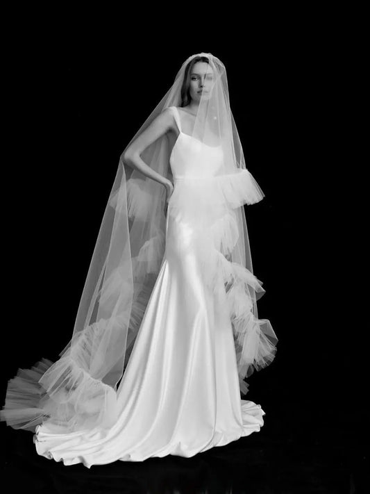 Topqueen V117 Vele de mariage romantique 2 couches Veils de mariée couvrent le visage long Veu Bride 5 mètres Cathedral Drop Veil Pur White Veil