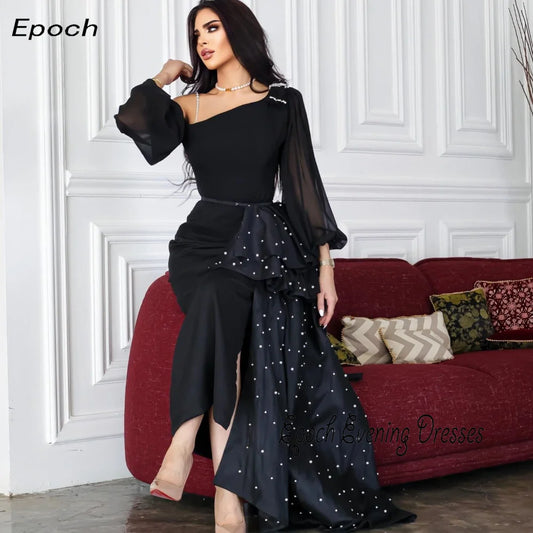 Epoch Evening Dress 2024 New Arabia Straight Elegant One-Shoulder Luxury Pearls Chiffon Sleeve Floor-Length Women Sexy Prom Gown