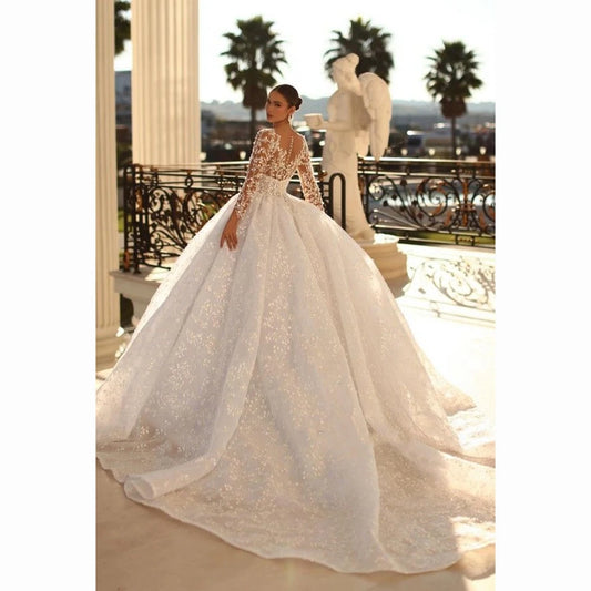 فاخر الخامس الرقبة ثلاثية الأبعاد يزين كم كامل فستان الزفاف 2024 الكرة ثوب طول الأرض سويب تراين سحاب مخصص فستان زفاف