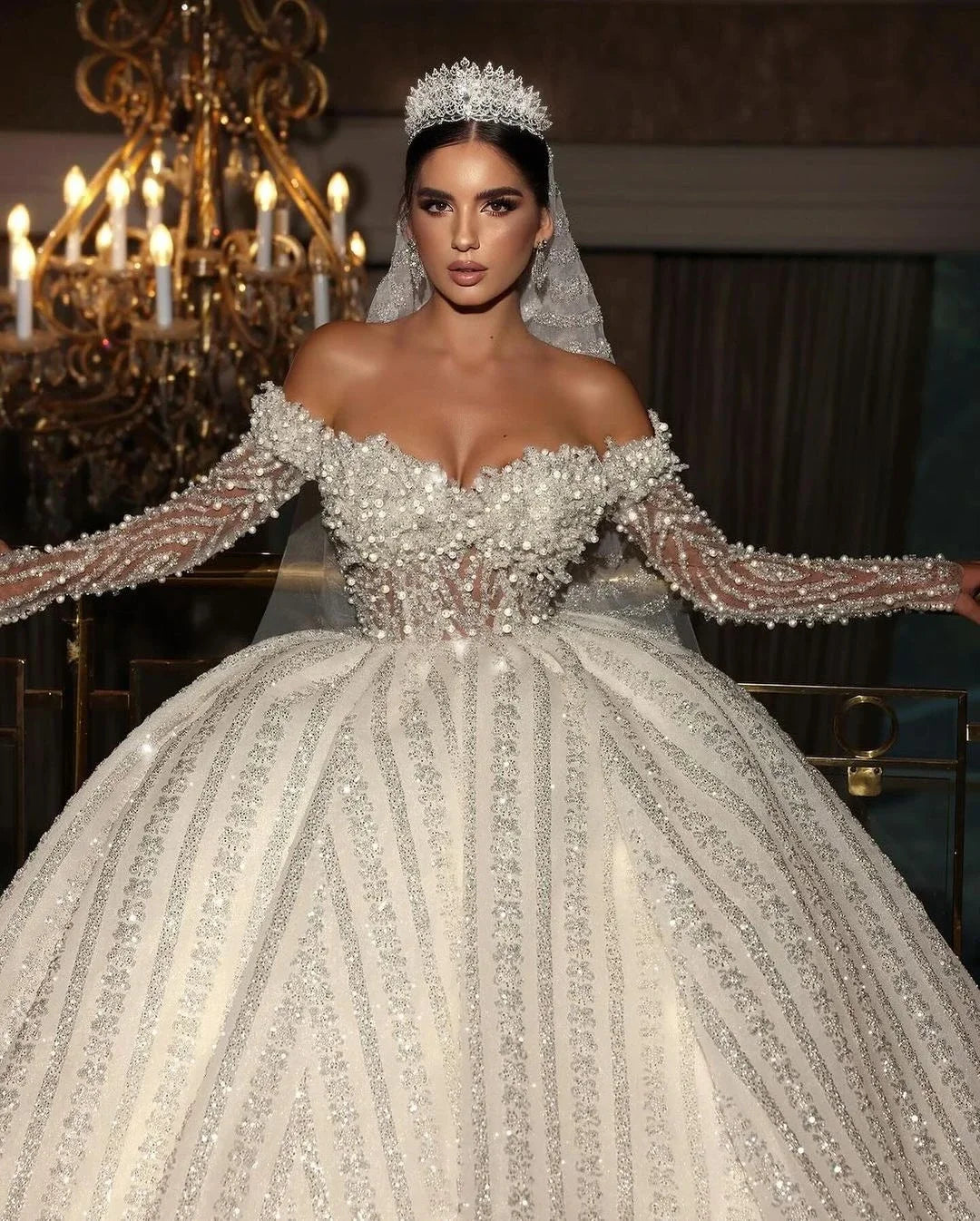 Customized Exquisite Off The Shoulder Bridal Dress Shiny Sequins Beads Wedding Dress 2025 Ball Gown Robe Vestido De Novia