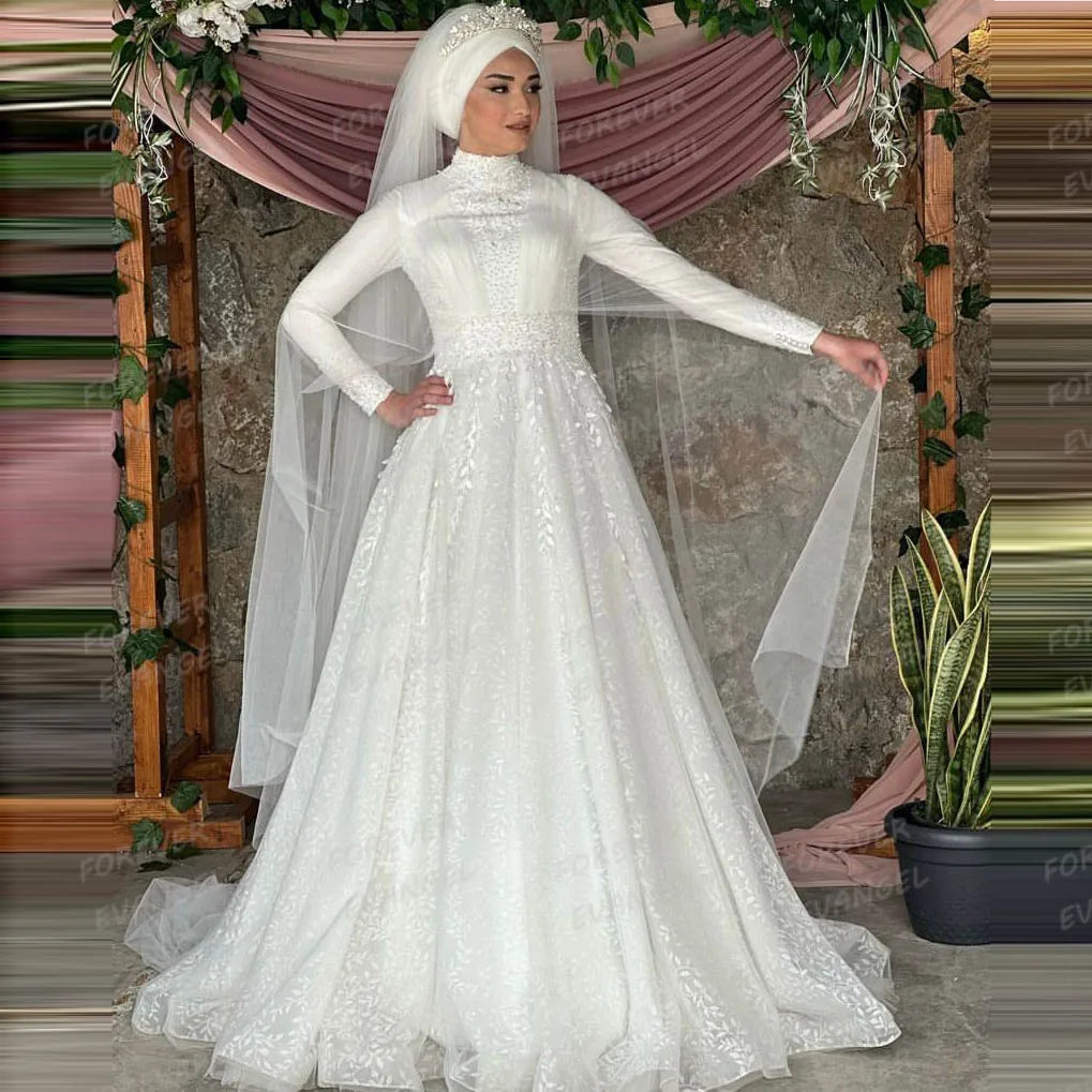 Simple Formal Wedding Dresses Woman A Line Bride Gowns Sexy Appliques Long Sleeve Tulle High Neck Customized Vestidos De Novia