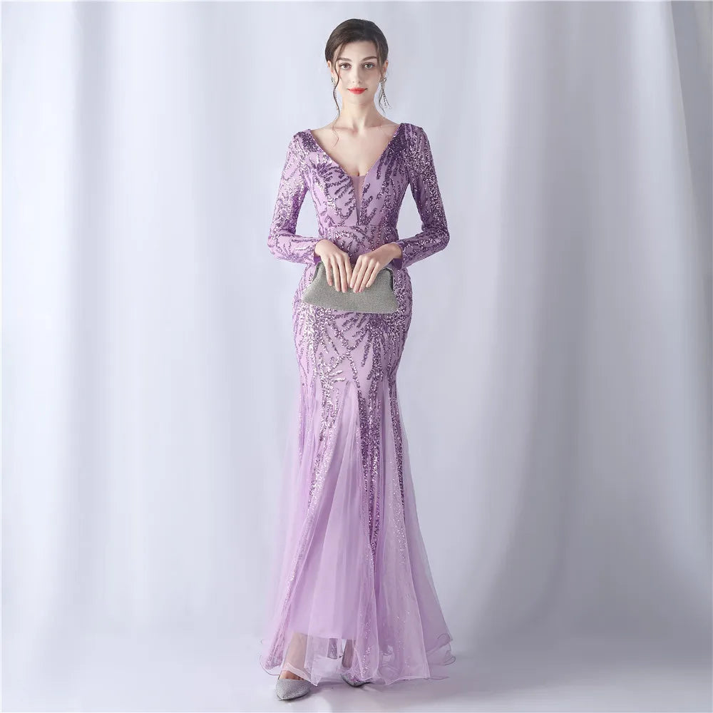 Vestido de festa Mulheres vestidos de noite de luxo elegantes 2024 Casamentos femininos bonitos vestido de manga de lantejoulas de dama de honra