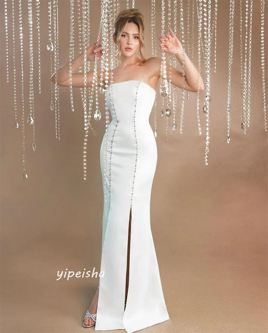 Prom Dress Satin Beading Formal Evening A-line O-Neck Bespoke Occasion Dresses Floor-Length