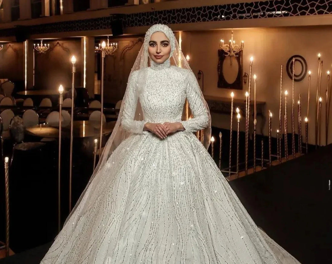 Customized Muslim Long Sleeves Wedding Dresses Sequined High Neck Bridal Gowns Made Glitter Vestido De Noiva 2025 Robe De Marie
