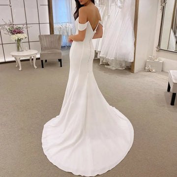 Customized  Sexy V Neck Soft Satin Mermaid Wedding Dresses Off the Shoulder Simple Backless Bride Gown vestidos de novia
