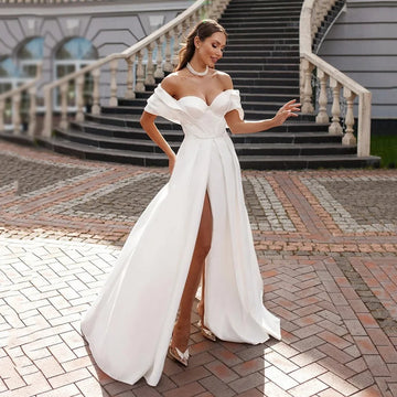 2025 Wedding Dresses Sexy Off Shoulder Sexy Pleated Satin Brides Wedding Party Gown High Slit Elegant Bridal Dress Customized