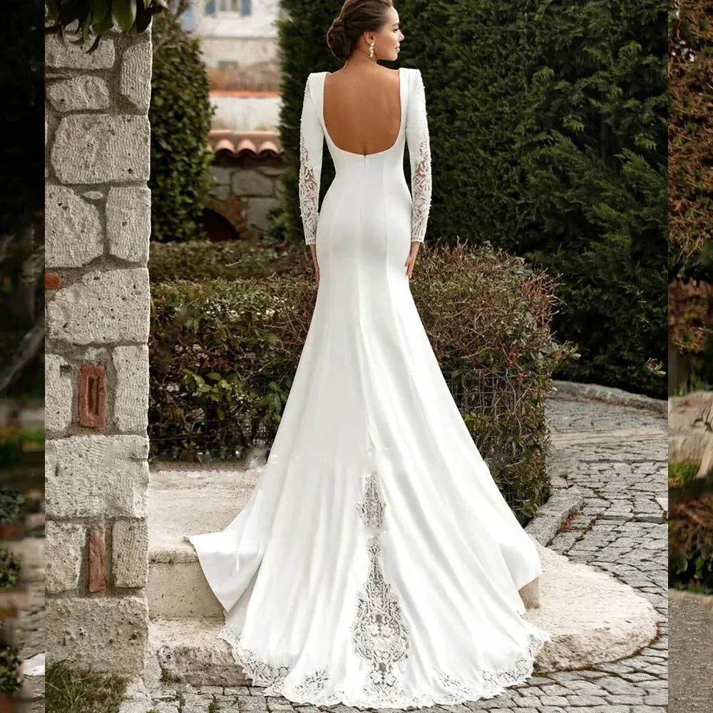 Classic deep V-neck full sleeves lace appliques open back satin bridal gown wedding dress 2026 – Pollyanna Events