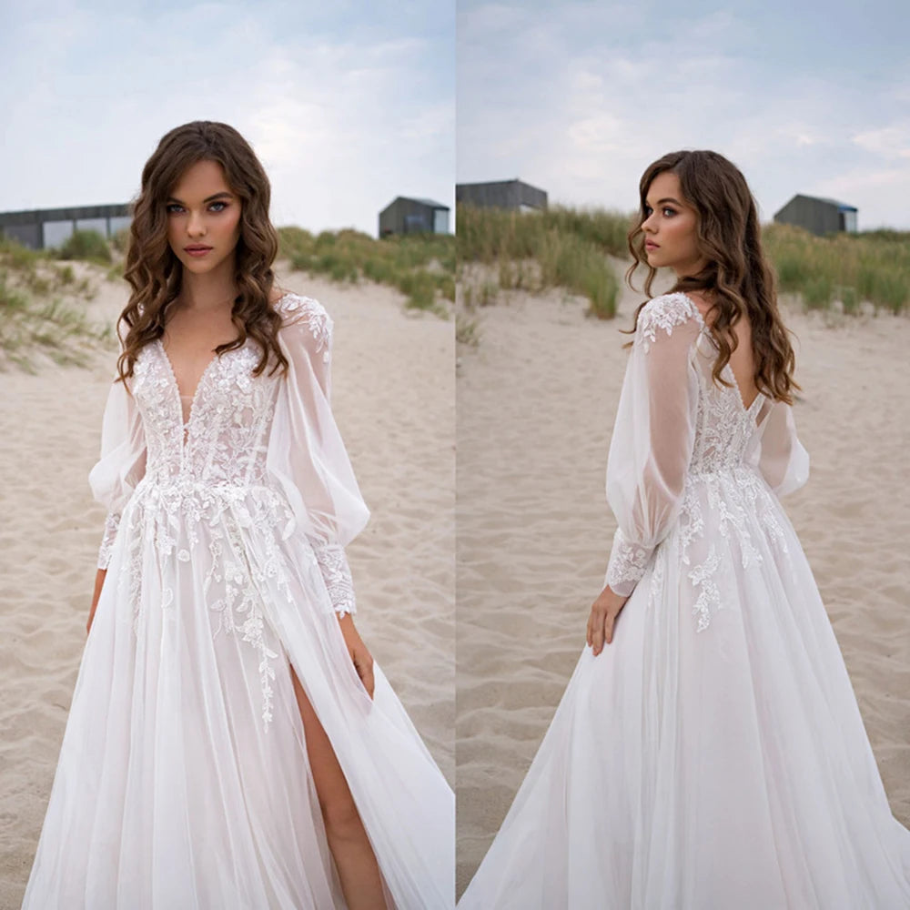 Пляж v-подібний виріз прості весільні сукні з пуховими рукавами високі щілини без спини весільна сукня з мереживо