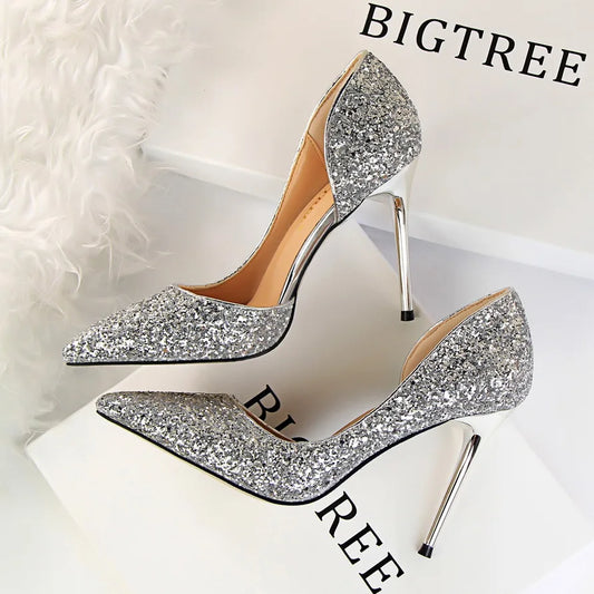 Glitter High Heels Sequined Gold Silver Women Pumps Pointed Toe Thin Heeled Shoes Ladies Luxury Party Shoes 9.5cm Size 43