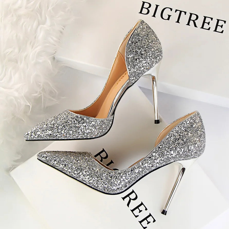 Glitter sequined gold silver women pumps pointed toe thin heeled luxury party shoes 9.5cm size 43 – Pollyanna Events