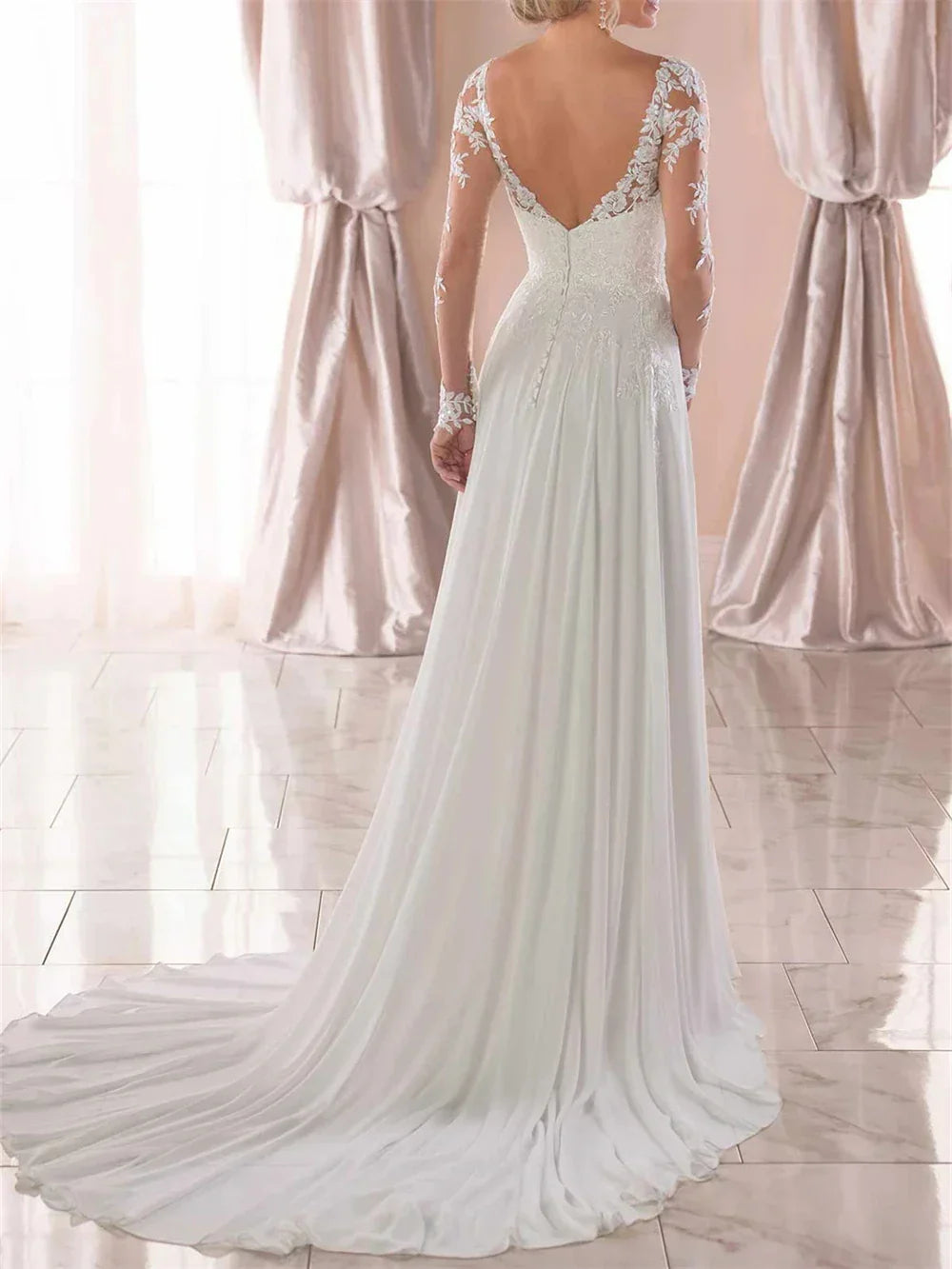 Casual Long Sleeve Wedding Dresses For Women Lace Chiffon Bohemian Bride Dress For Beach Wedding Bridal Gown Vestidos De Novia