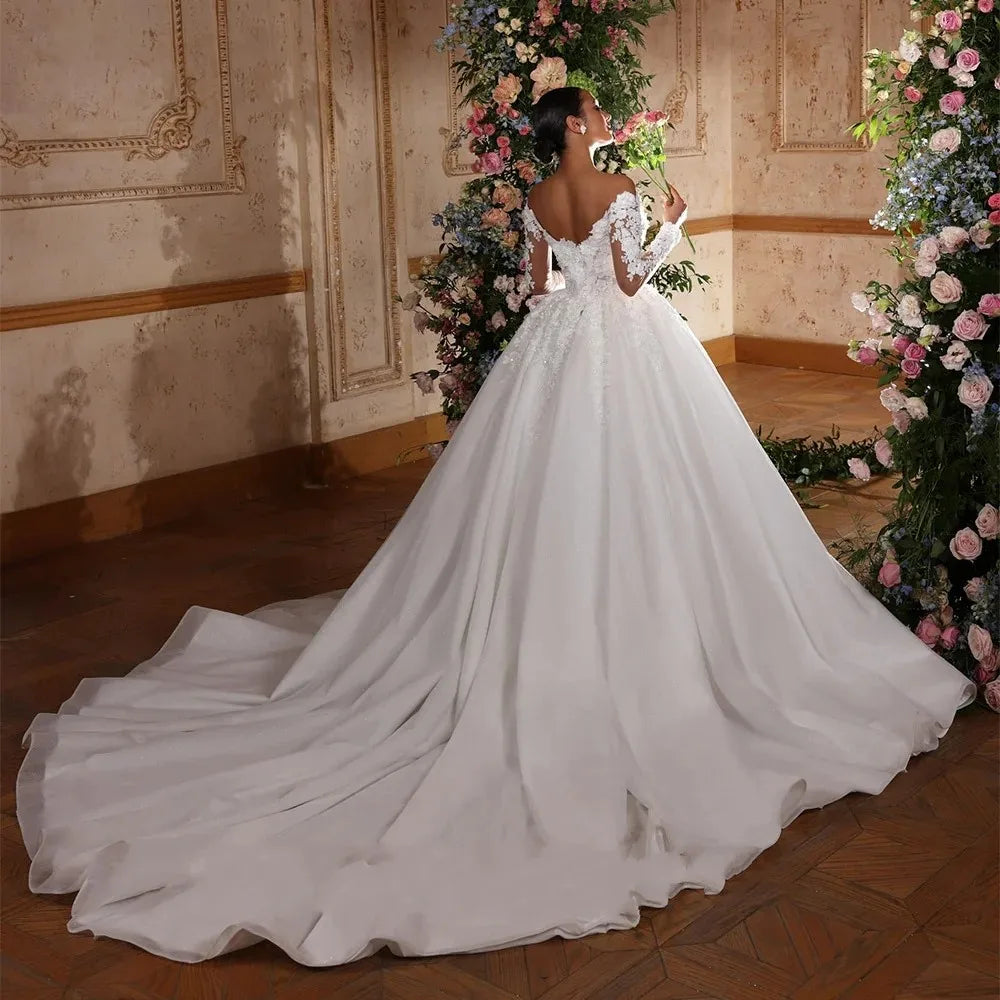 Elegant V-neck long sleeves flowers applique court train classic bridal gown 2026 – Pollyanna Events