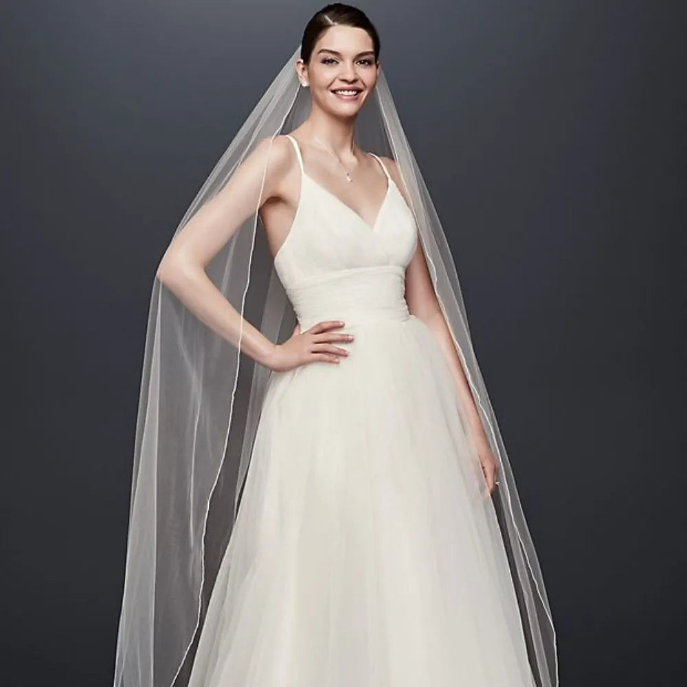 TopQueen V14 Wedding Veil Long Soft TuLle Veil met Soutache snoer rand zachte enkele rij bruids sluier met potloodrand wit