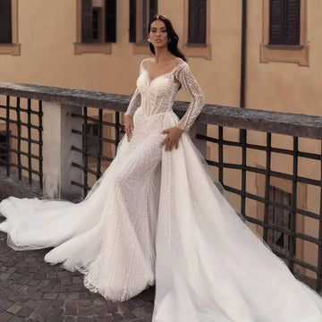 Customized Lace Sequin Tulle Mermaid Wedding Dresses Detachable Tail Bridal Gown Long sleeves Vestido De Novia