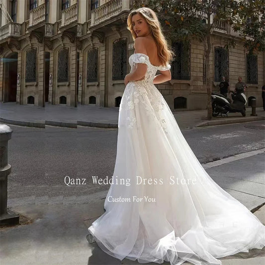 Qanz Bohemia Appliques Wedding Dresses Off-Shoulder Long Robe Mariage Princesse Femme A Line Tulle Vestidos Elegantes Para Muje