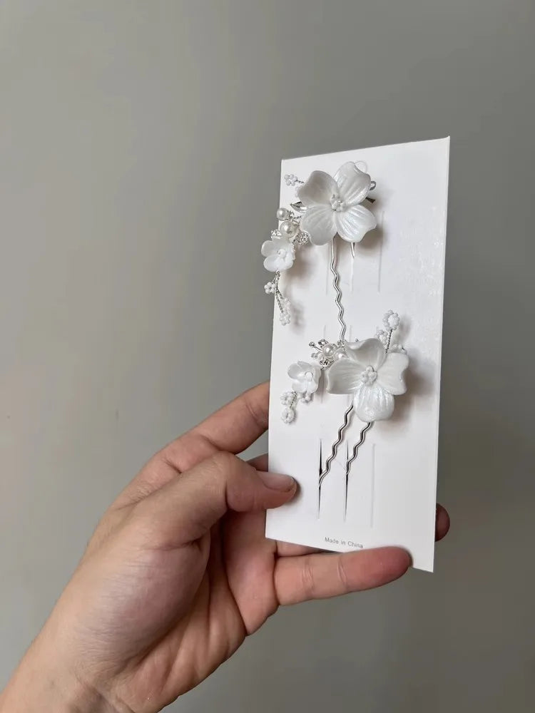 Porcelain Flower Hair Pin Clip Silver Color Head Piece For Brides Bridesmaids Leaf Hairpin Bridal Jewelry Wedding Accessories