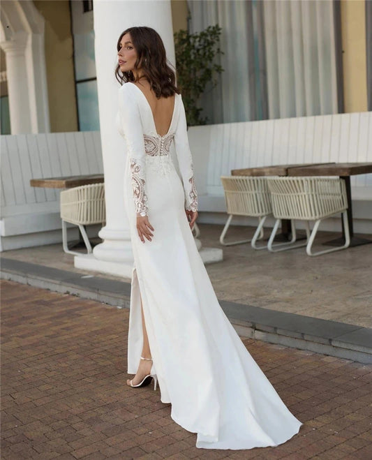 Sexy V-Neck Wedding Dresses For Women 2024 Backless Side Slit Bridal Gowns Satin Robes Lace Appliques 2024 Vestidos De Novia