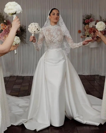 Modern Classic Mermaid Wedding Dresses 2026 High Neck Long Sleeves Beads Sequins Satin Lace Bride Dress Bridal Gowns Vestidos