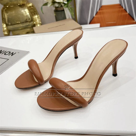 Sexy One-Strap Narrow Band Sandals Women Kitten Heel Slingbacks Genuine Leather Concise Slim Summer Mules For Girls