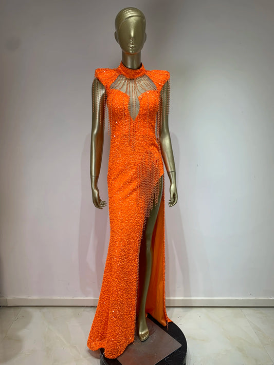 STOCK Luxury Sexy Tassel Sequins Split Orange MaxiDress 2024 Elegant Party Evening Stage Performance Dress Costume Vestido