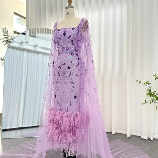 Vestido de noche lila de plumas de lujo con mangas de la capa Longitud de tobillo Midi Arabic Women Farty Fiesta de bodas SS381