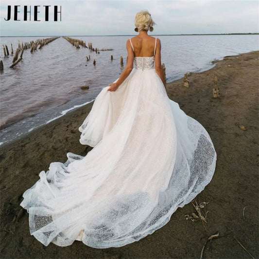 JEHETH Spaghetti Straps A-Line Wedding Dress 2024 Sweetheart Shiny Tulle Bridal Gown Backless Sleeveless Applique Robe De Mariée