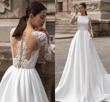 Exquisite A-line Wedding Dress 2026 Boat Neck Long Sleeves Illusion Back Buttons Embroidery Lace Applique Bride Bridal Gowns