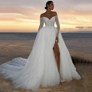 Customzied Sparkling Wedding Dresses Sweetheart Neck Long Sleeves Beading Slit Bridal Gown Robe De Mariee Vestidos De Noiva