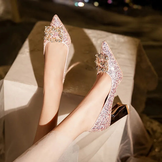 Party Wedding Pink Sequins Pumps Ladies Rhinestone Pointed Toe Stiletto High Heels Shoes Women Slip On Bride Bridesmaid Shoes