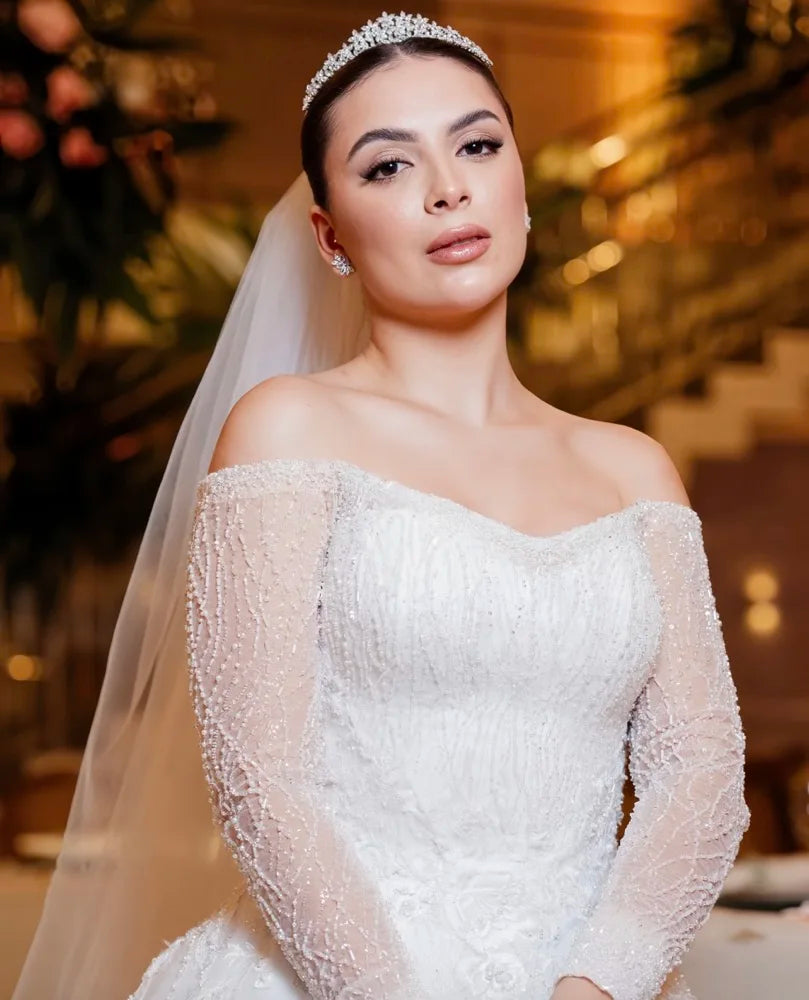 Vestidos de novia Luxurious wedding dress, white lace strapless long-sleeved women's wedding dress Customized