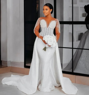 customized 2025 Aso Ebi Mermaid Wedding Dress Bridal Gowns Detachable Train Illusion Beaded Lace Pearl Vestidos De Noiva