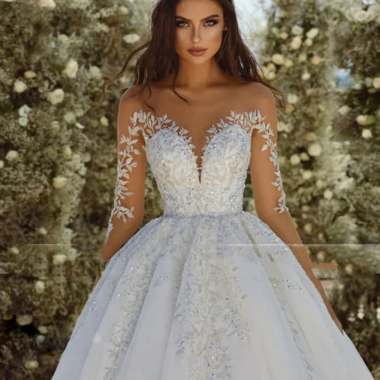 Sexy 2024 Classic Scoop Neck Long Sleeves Ball Gown Wedding Dress Beading Appliques Shiny Princess Bridal Gown Robe De Mariage
