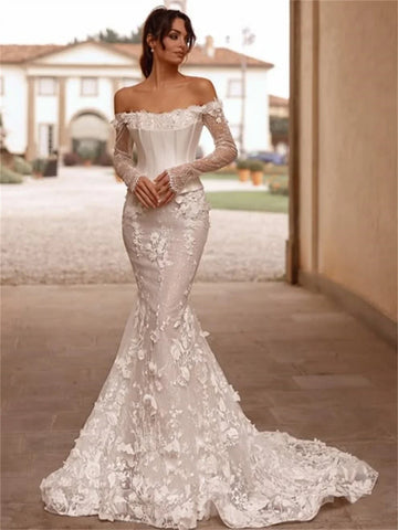 customized 3D Flowers Appliques Bride Dress Off the Shoulder Lace Corset Mermaid Wedding Dresses 2025 Beaded Vestidos De Novia