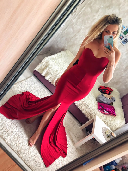 Sexy Strapless Long Black Maxi Dress Front Slit Bare Shoulder Red Women's Evening Summer Night Gown Party Maternity Dresses