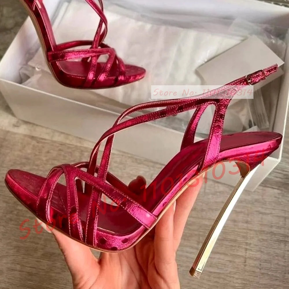 Red metallic metal heels women sandals slingback cross strap luxury summer sexy high heels banquet – Pollyanna Events