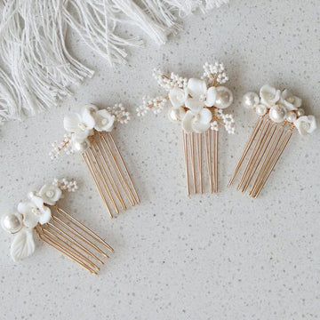 Bridal Jewelry Imitation Pearl Hair Comb Pin Porcelain Flower Head Piece Brides Gold Silver Color Hairpin Wedding Accessories