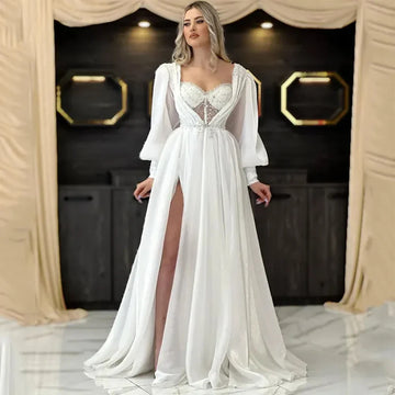 Vestidos de noiva lindos elegantes para mulheres requintadas de colarinho quadrado de colarinho macio de mangas compridas de garfo alto vestido de noiva