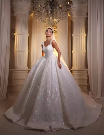 Customized Sweetheart Neck Wedding Dresses Shoulder Strap Shiny Beaded Sequins Lace Princess Ball Gown Vestidos De Novia