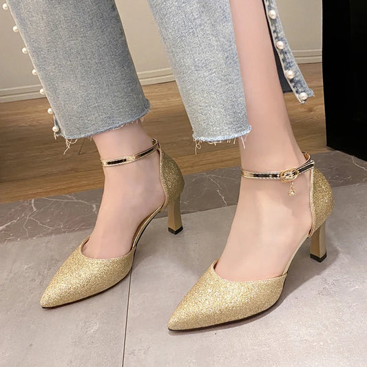 ZOKI Bling Gold Silver Women's Pumps 2024 Sexy Point Toe Thin Heel Party Wedding Shoes Woman Summer Ankle Strap High Heels Shoes