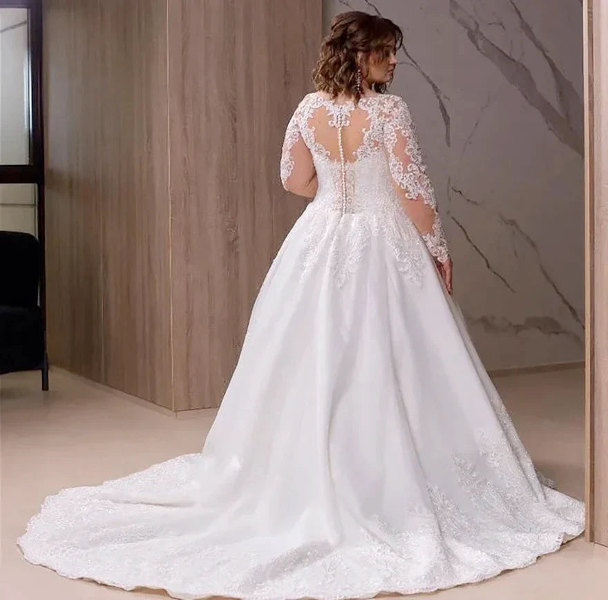 Sweep train A-line lace plus size V-neck long illusion sleeve appliqued bridal gown – Pollyanna Events
