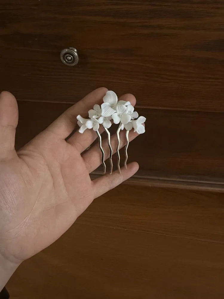 Bridal Jewelry Porcelain Flower Hair Comb Pin Pearl Hairpin For Brides Bridesmaids Silver Color Head Pieces Wedding Accessories