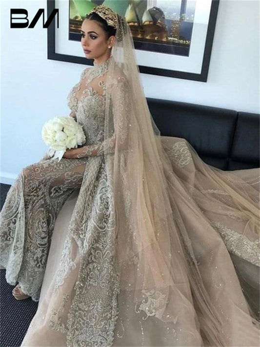 فستان زفاف عربي برقبة عالية من الوهم للنساء 2024 مع ذيل قابل للانفصال فستان زفاف مكون من قطعتين فستان عروس فاخر