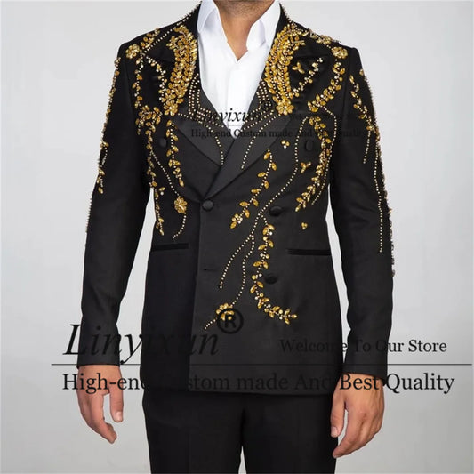 Luxury Beaded Wedding Suits For Men Double Breasted Male Prom Blazers Outfits 2 Pieces Sets Groom Tuxedos Slim Fit Costume Homme
