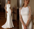 Sexy mermaid wedding dress sheer neck lace appliques illusion buttons back satin bridal gown – Pollyanna Events