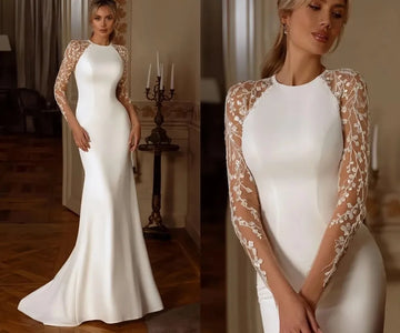 Sexy mermaid wedding dress sheer neck lace appliques illusion buttons back satin bridal gown – Pollyanna Events