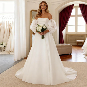 Elegant Tulle Beaded Wedding Dress With Train A Line Tulle Ball Gown For Bride Vestidos Novia Long Sleeve Bridal Party Gown