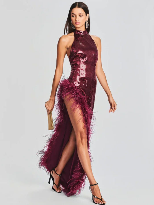 Sexy Halter Luxury Feather Sequin Long Dress Women Wine Red Sleeveless Backless High Slit Maix Dress Celebrity Evening Christmas